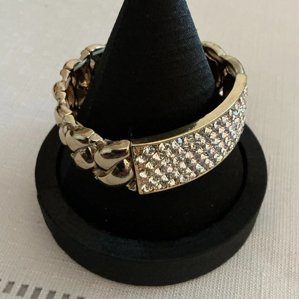 Clear Rhinestone Vintage Gold Tone Stretch Bracelet